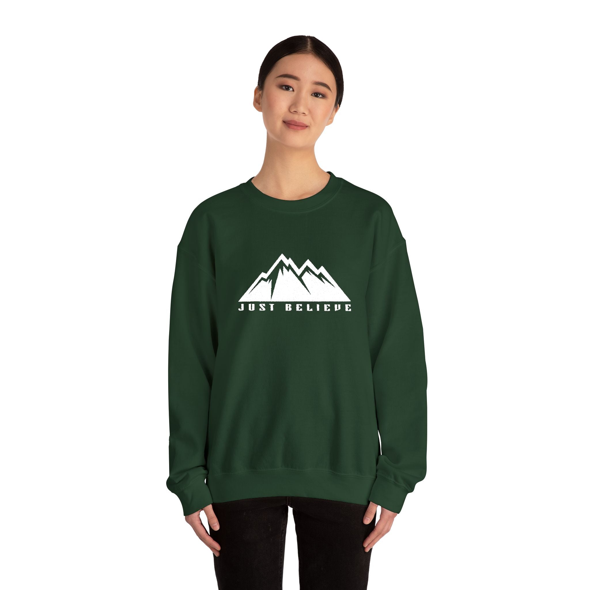 Just Believe Mountain Ridge Crewneck Sweatshirt — Adventure Graphic "Love Believe"