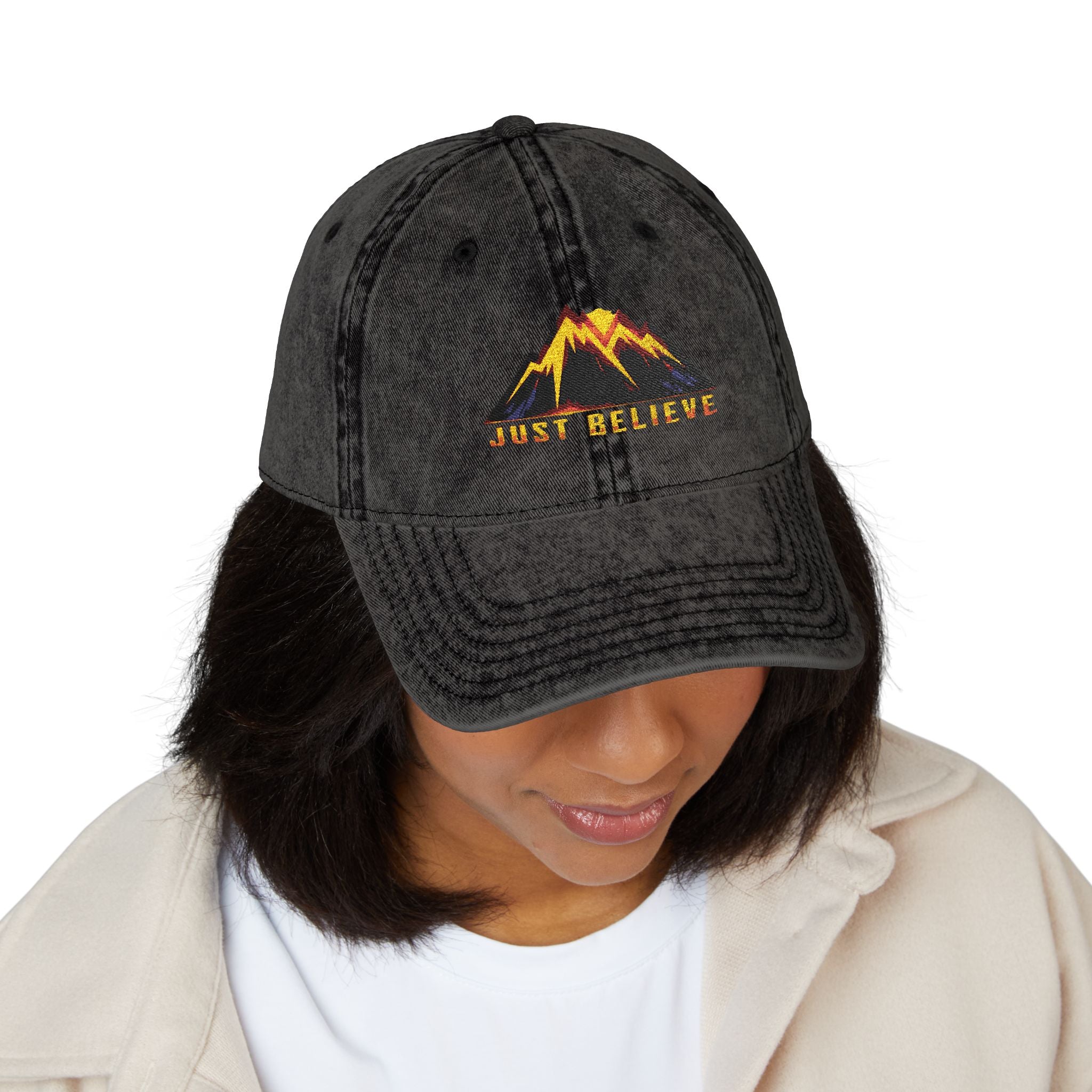Just Believe Embroidered Vintage Mountain Cap — Red Dad Hat