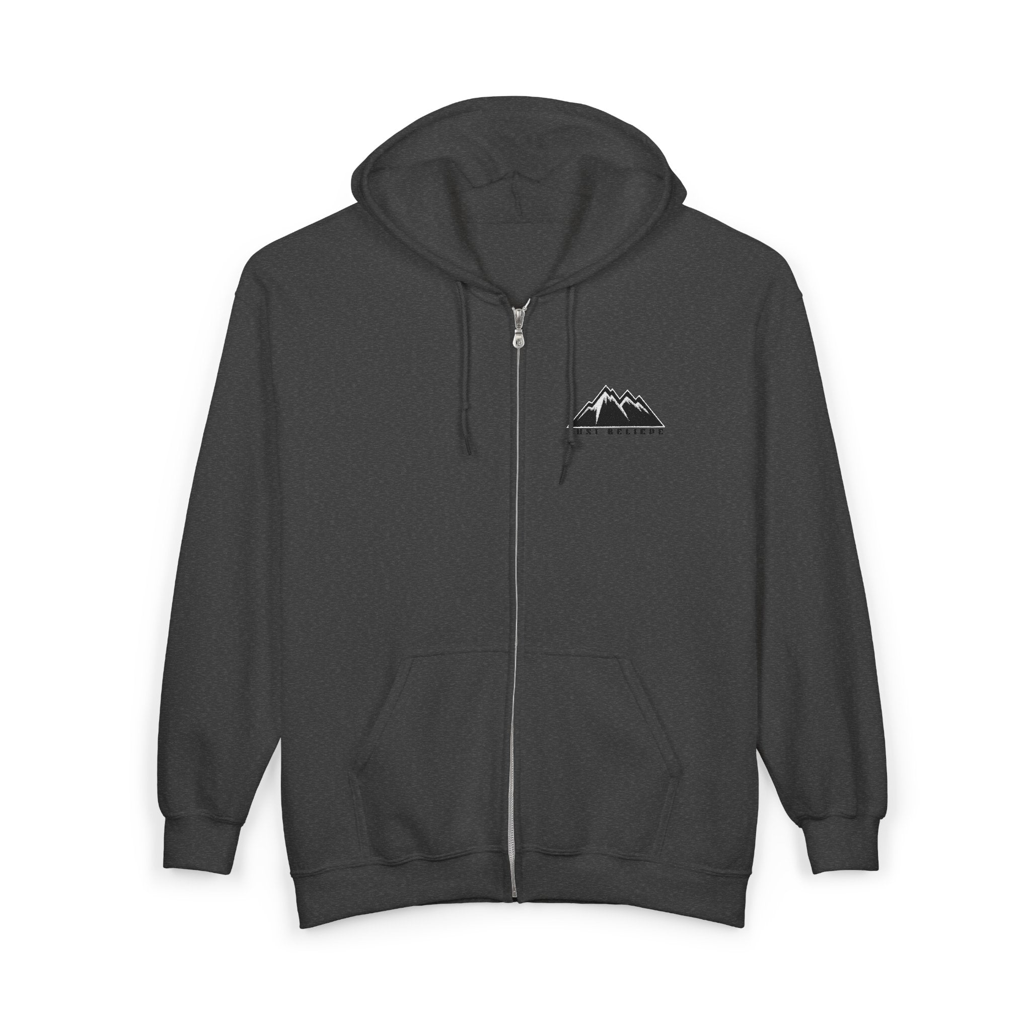 Just Believe Mountain Outline Zip Hoodie — Minimal Mountain Logo Hoodie