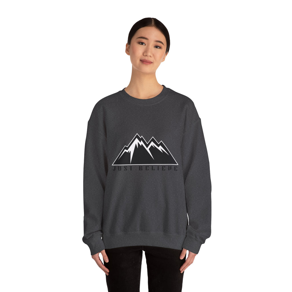 Just Believe Mountain Crewneck Sweatshirt — Inspirational Outdoor Graphic Sweatshirt