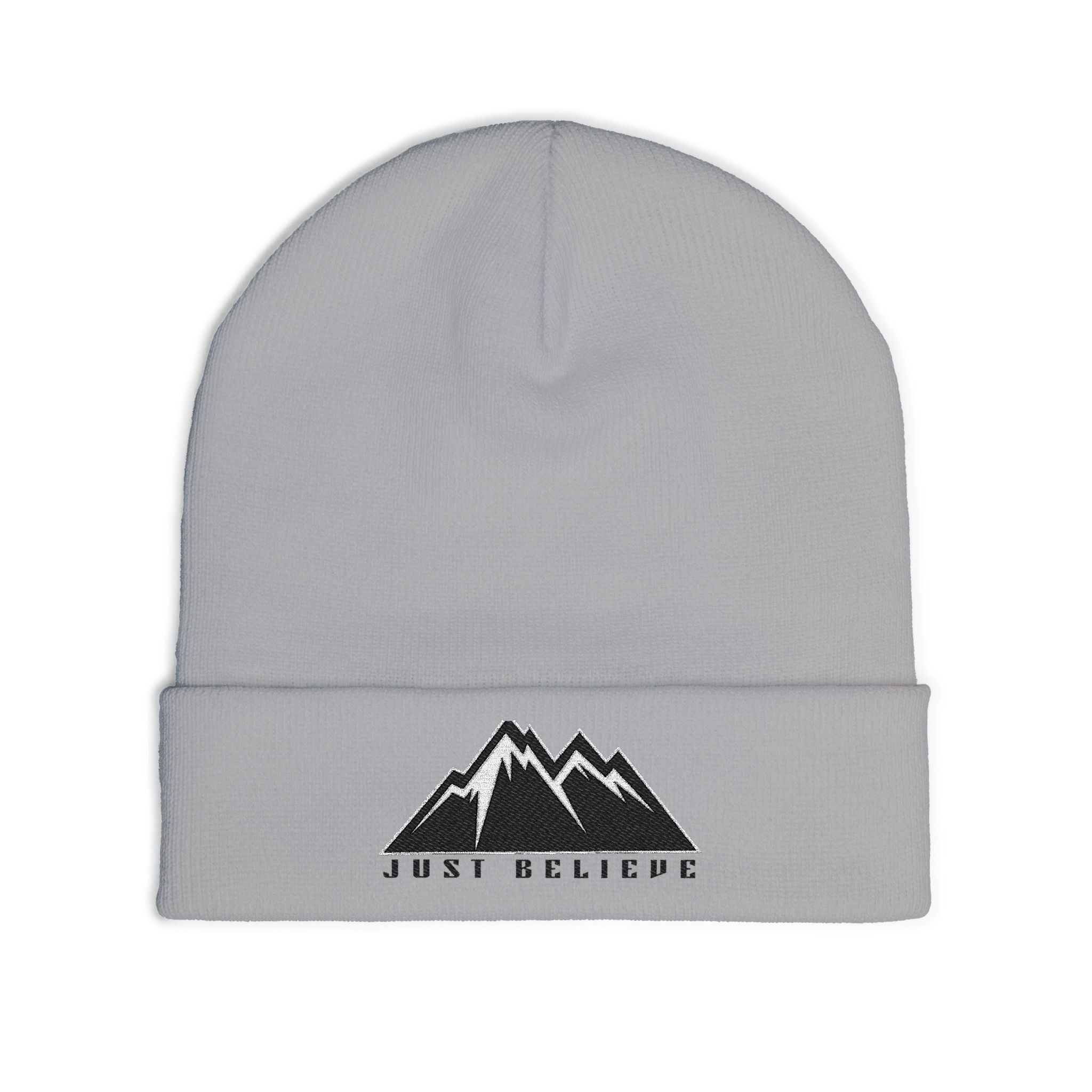 Beanie — Embroidered Mountain "Just Believe" Knit Cap