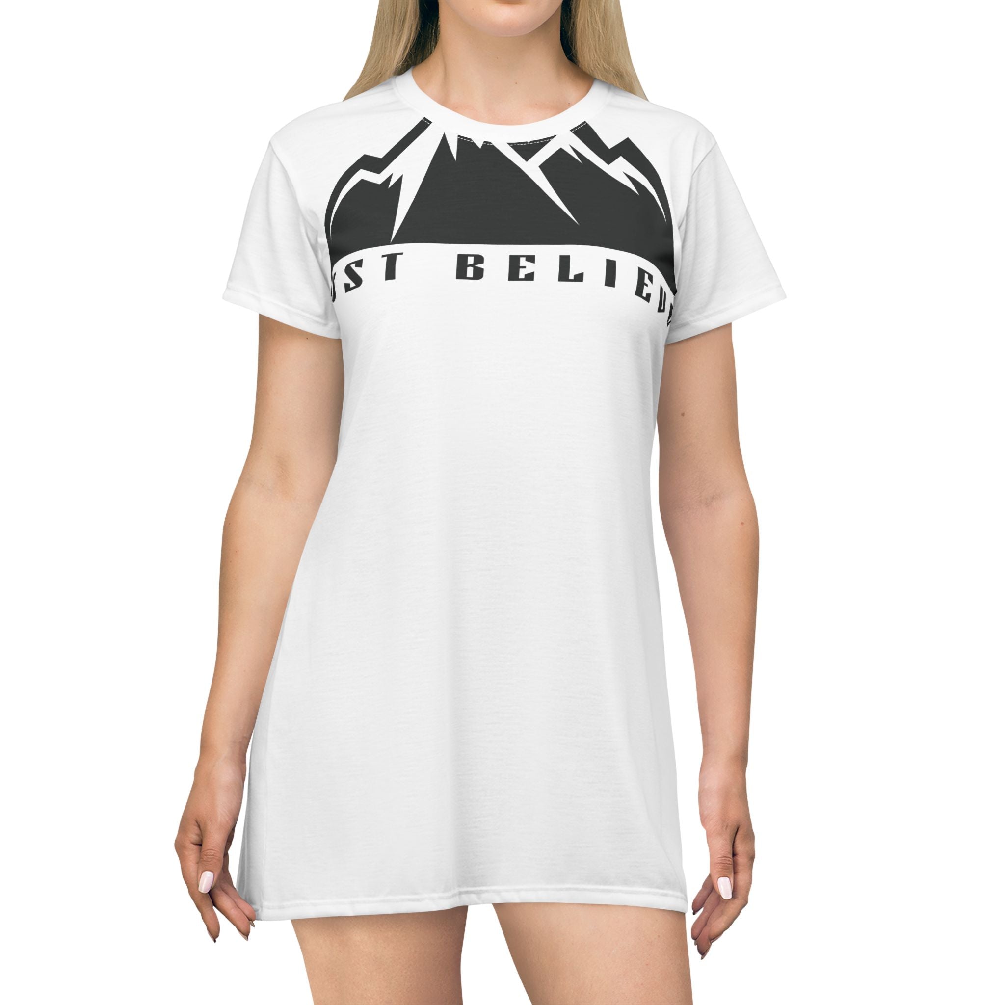 Just  Believe T-Shirt Dress — Casual AOP Tunic Dress (All-Over Print)