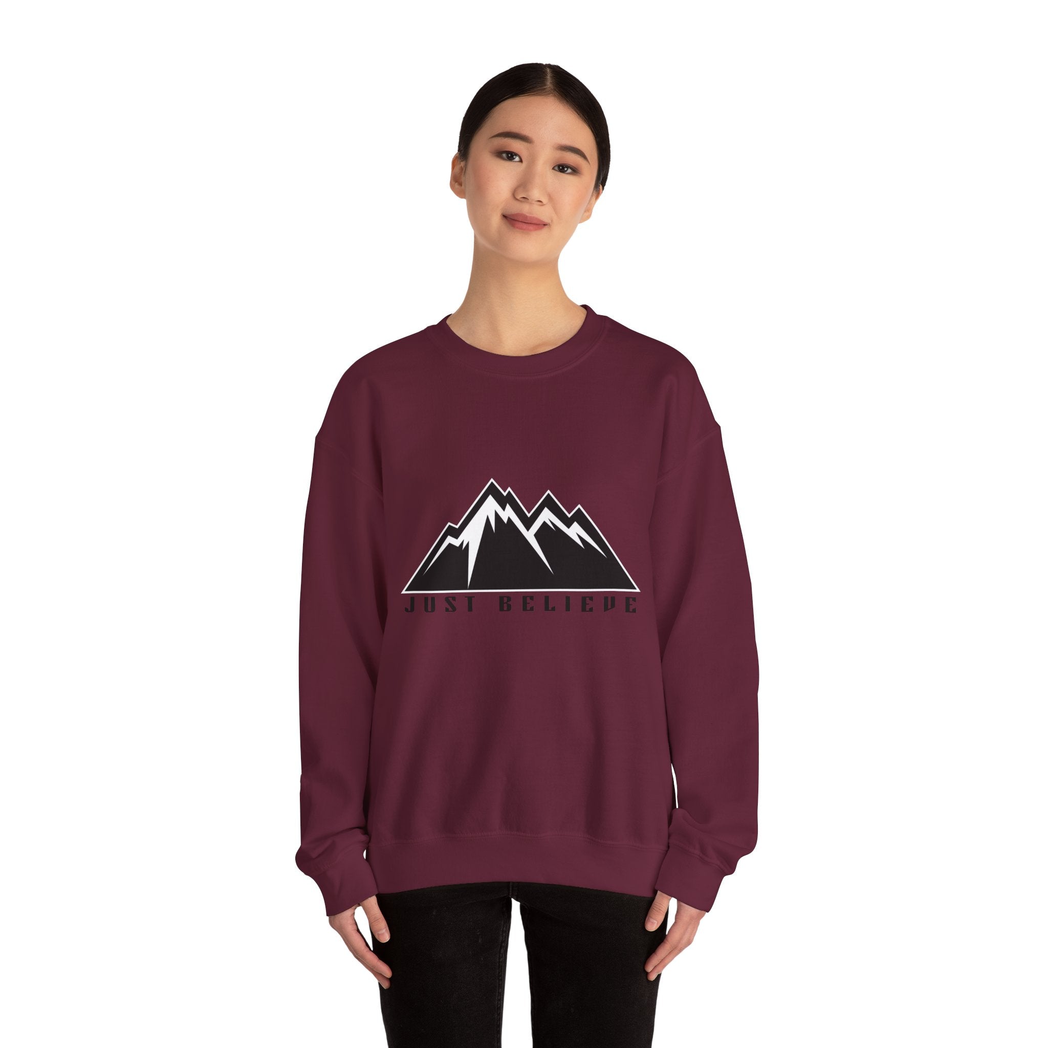 Just Believe Mountain Crewneck Sweatshirt — Inspirational Outdoor Graphic Sweatshirt