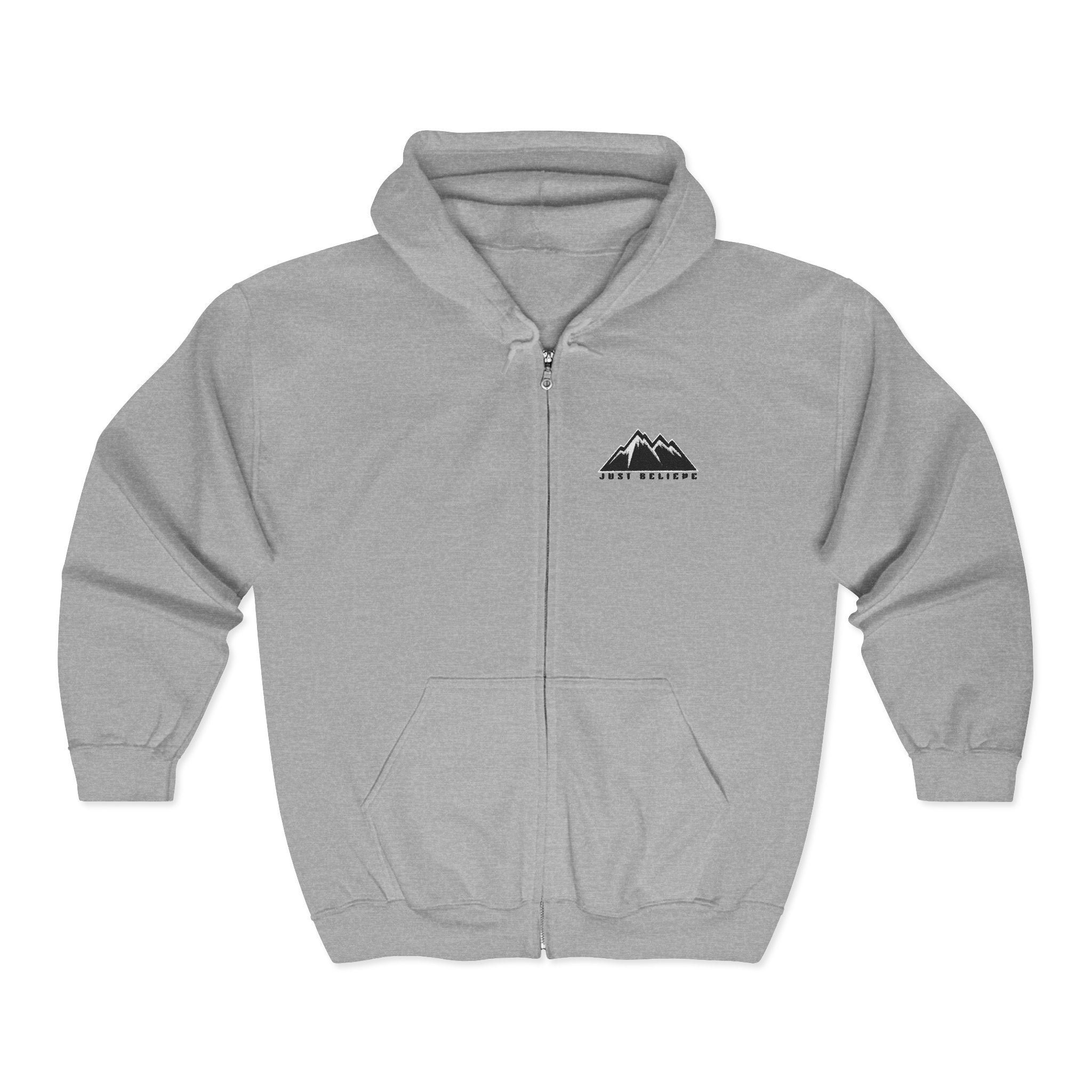 Just Believe Mountain Outline Zip Hoodie — Minimal Mountain Logo Hoodie