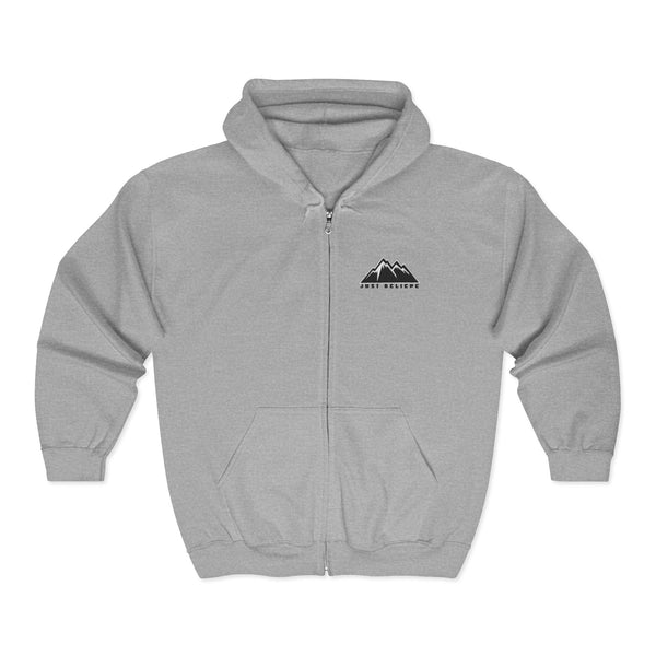 Just Believe Mountain Outline Zip Hoodie — Minimal Mountain Logo Hoodie