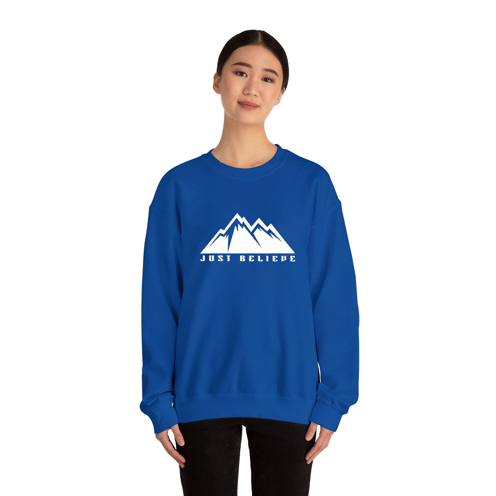 Just Believe Mountain Ridge Crewneck Sweatshirt — Adventure Graphic "Love Believe"